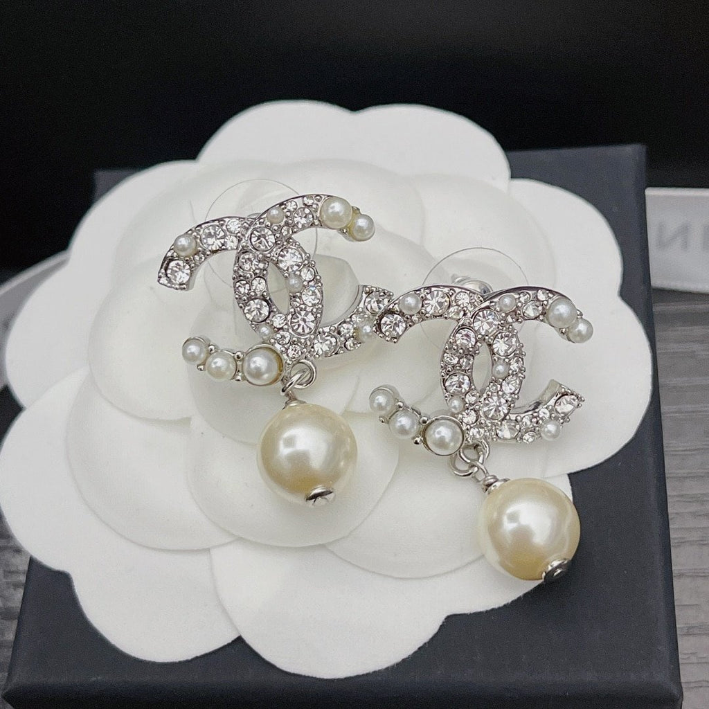Chanel Silver-Tone Metal CC Pin Brooch with Faux Pearls