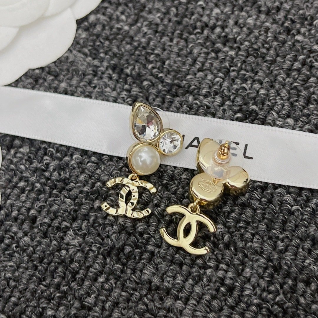 Chanel-Inspired Pearl & Crystal Monogram Drop Earrings (Gold)