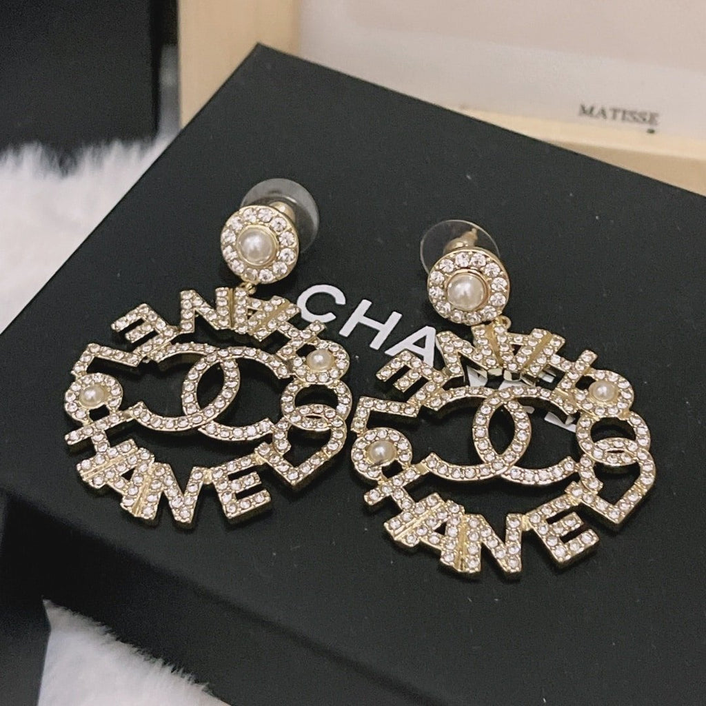 Chanel-Inspired Pearl Caged Monogram Drop Earrings (Gold)