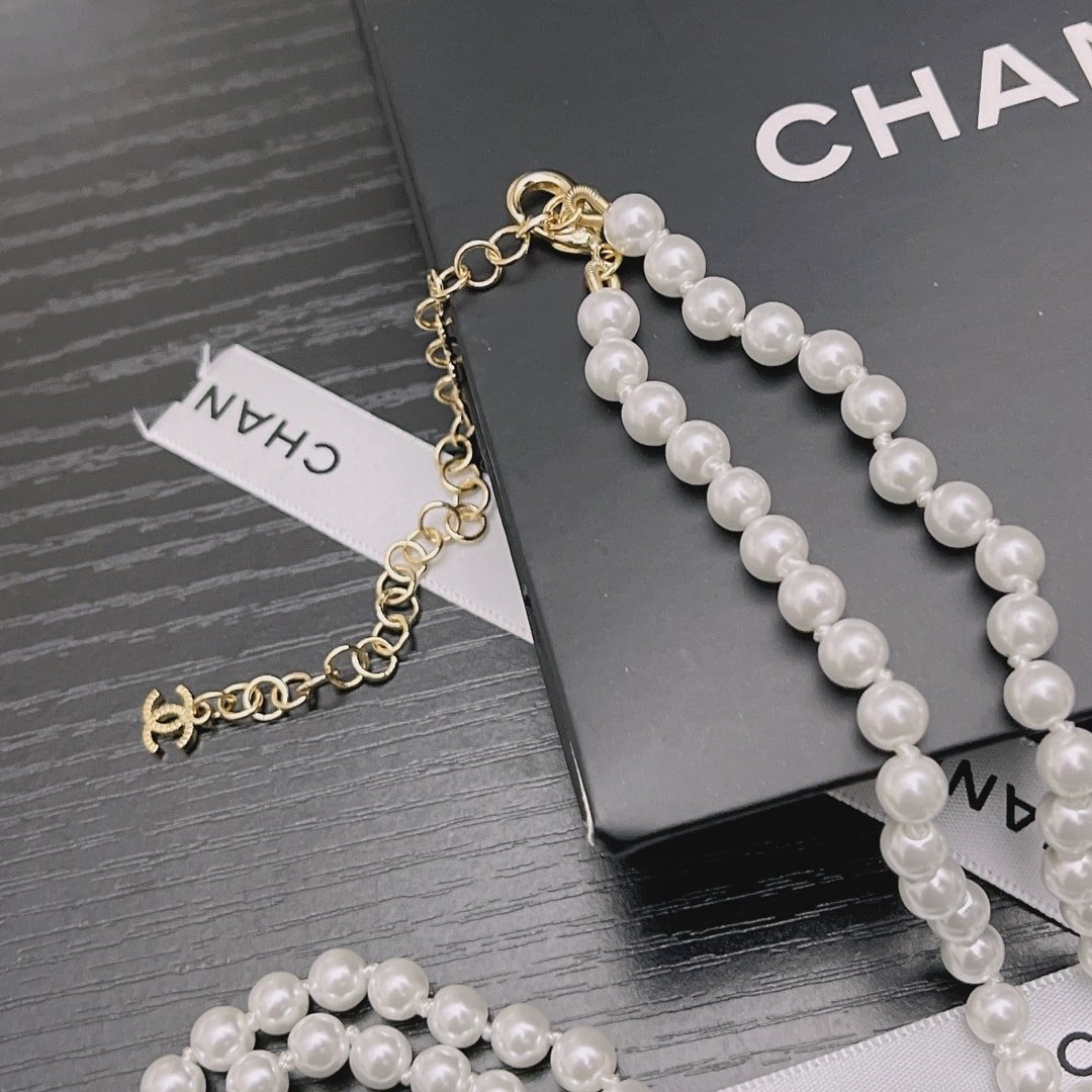 Chanel-Inspired Pearl Strand Necklace with Heart & Pink Crystal Monogram Pendant