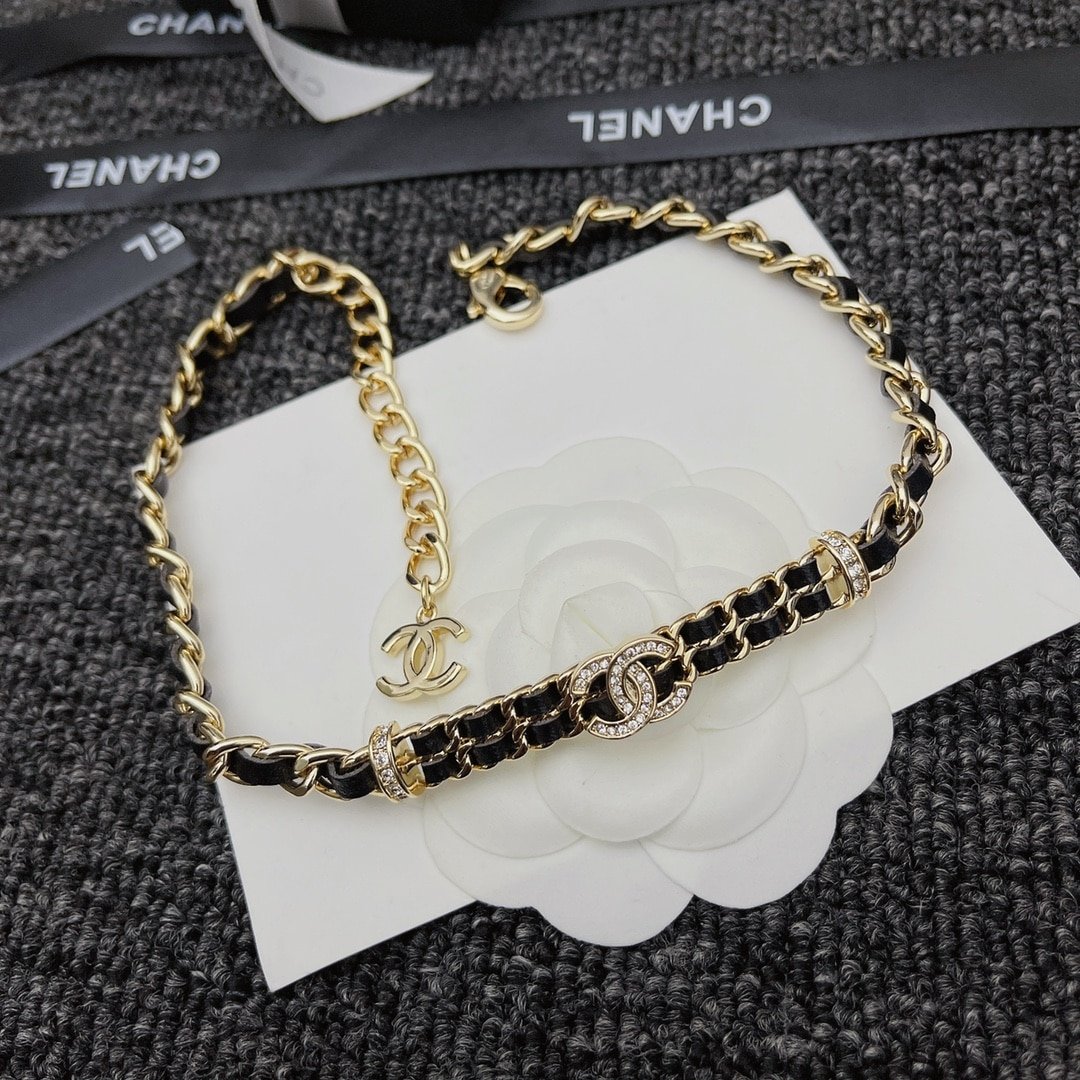 Chanel-Inspired Crystal Monogram Gold Chain & Leather Woven Choker Necklace