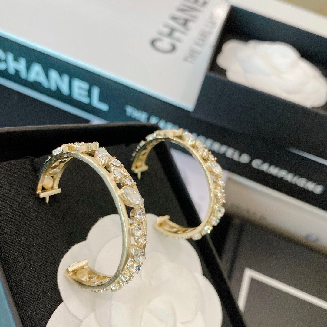 Chanel-Inspired Full Crystal Pavé Gold Large Hoop Earrings