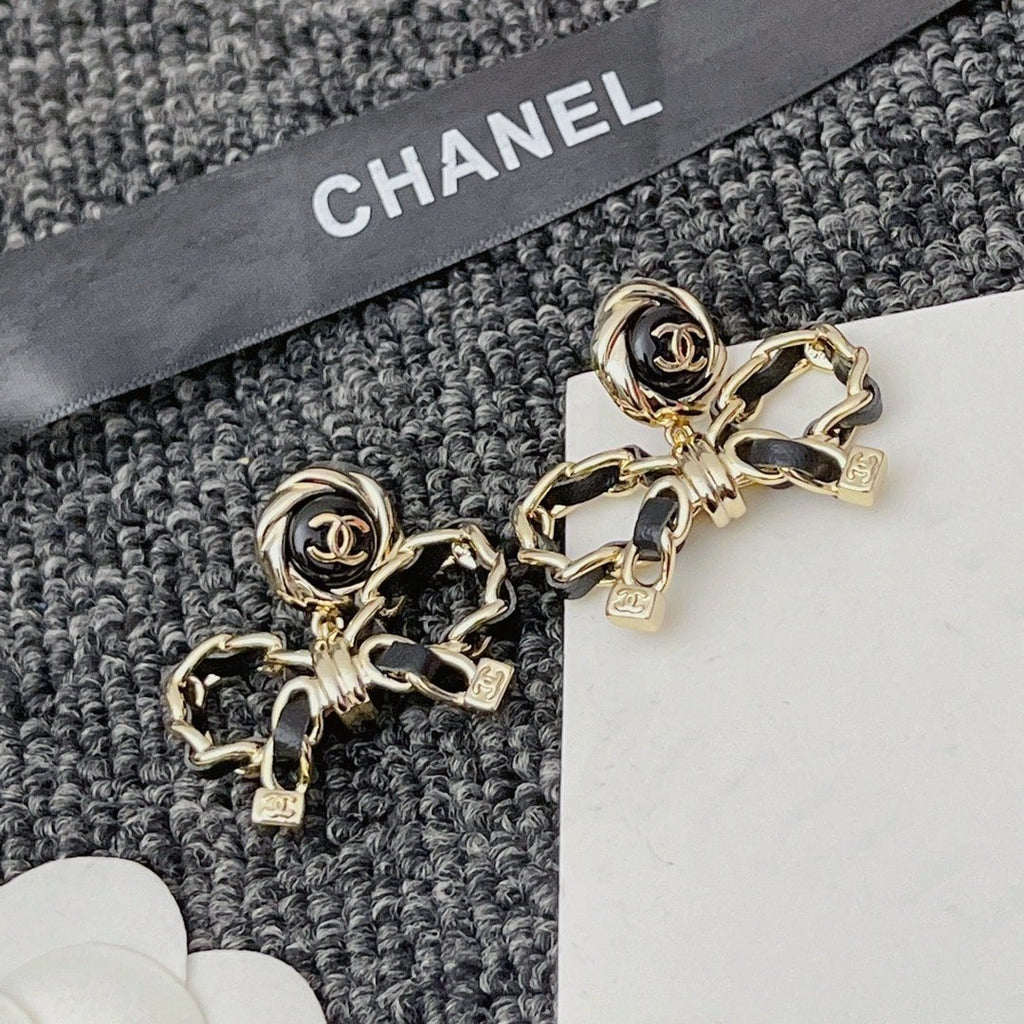 Chanel-Inspired Black Enamel Monogram Rose & Leather Chain Bow Drop Earrings (Gold)