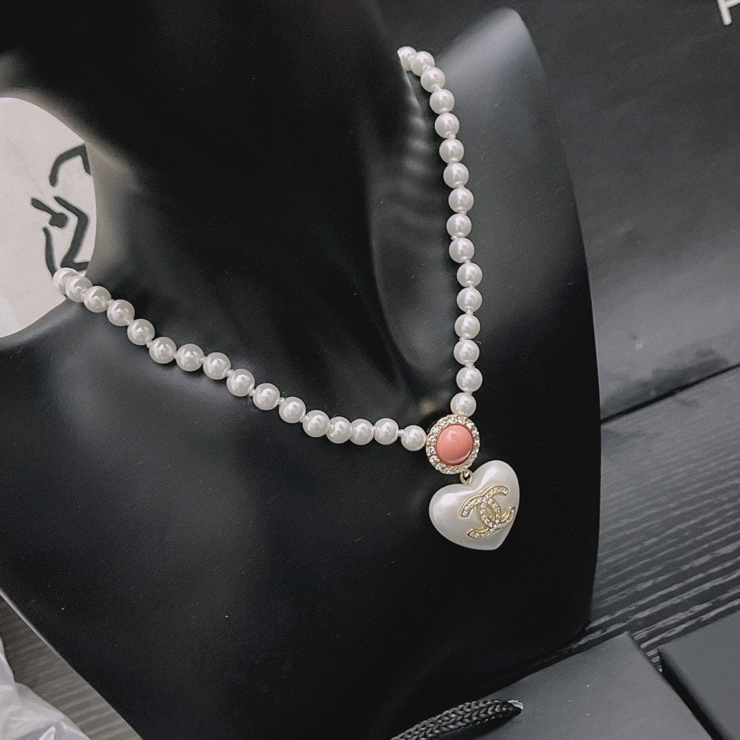 Chanel-Inspired Pearl Strand Necklace with Heart & Pink Crystal Monogram Pendant