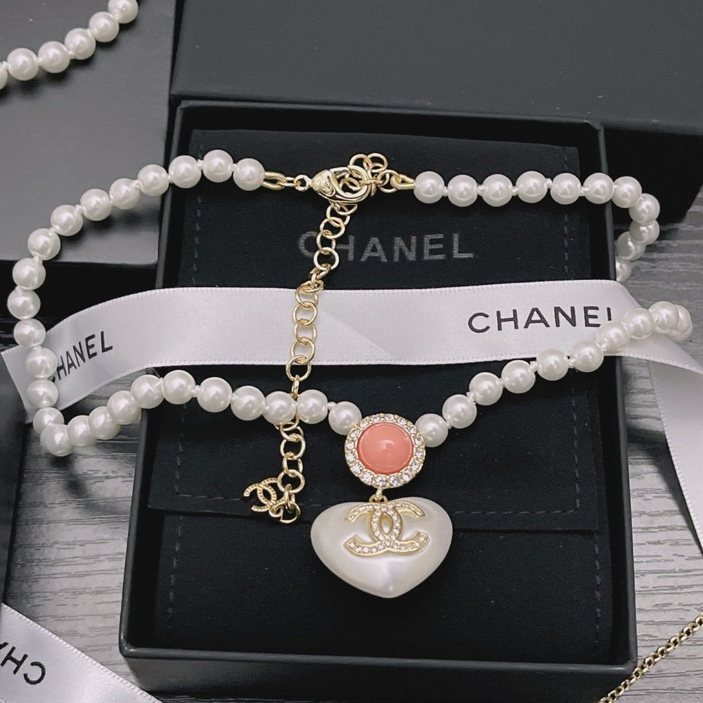 Chanel-Inspired Pearl Strand Necklace with Heart & Pink Crystal Monogram Pendant