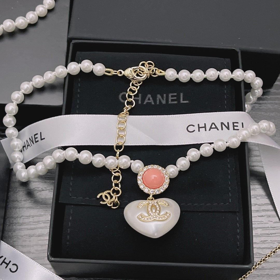 Chanel-Inspired Pearl Strand Necklace with Heart & Pink Crystal Monogram Pendant