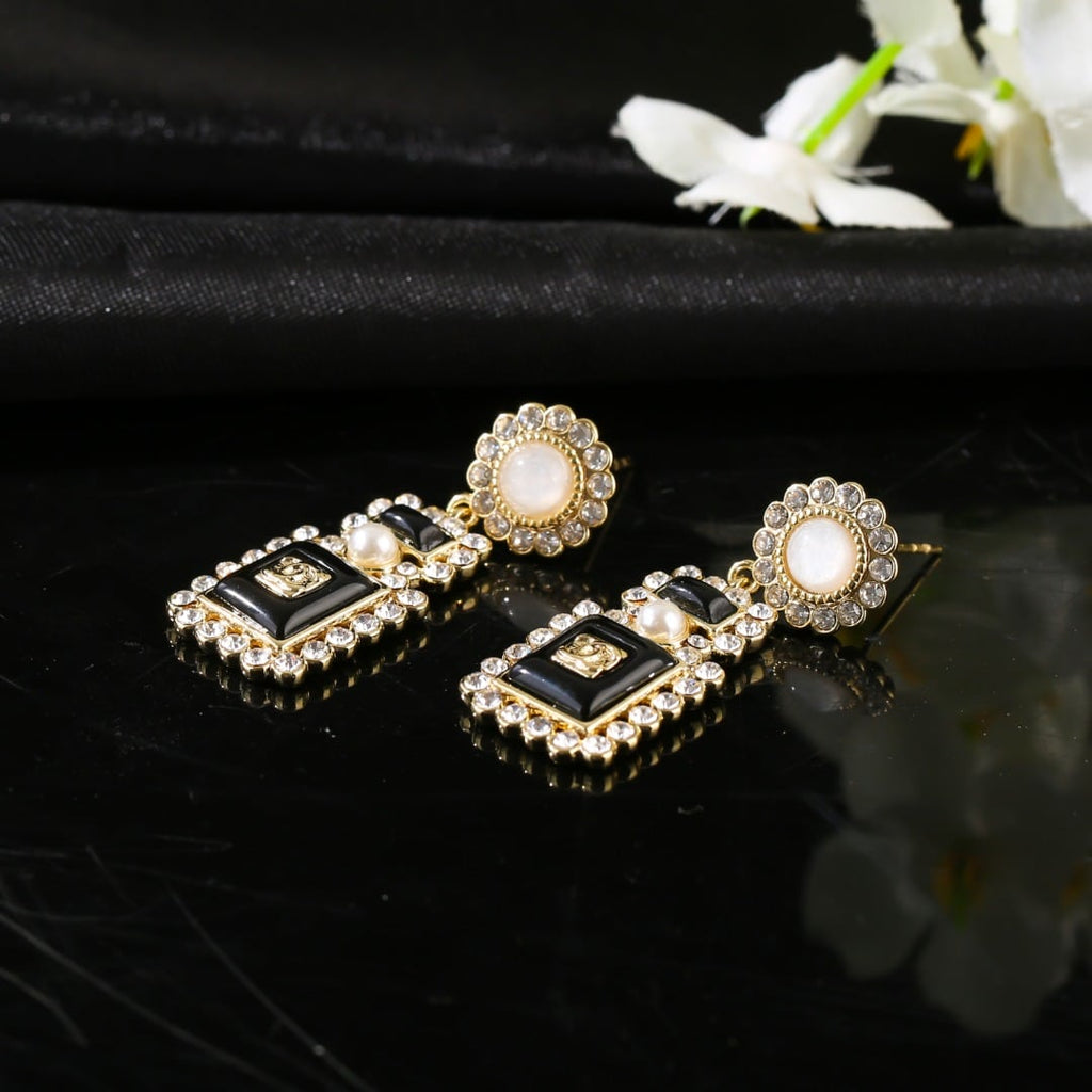 Chanel-Inspired Black Glass & Crystal Perfume Bottle Drop Earrings (Gold)