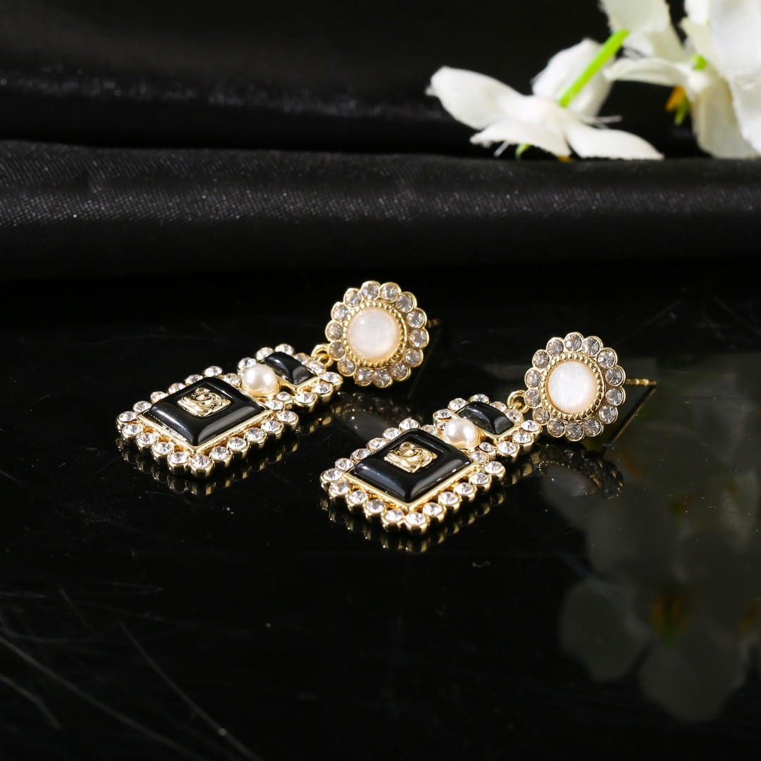 Chanel-Inspired Black Glass & Crystal Perfume Bottle Drop Earrings (Gold)