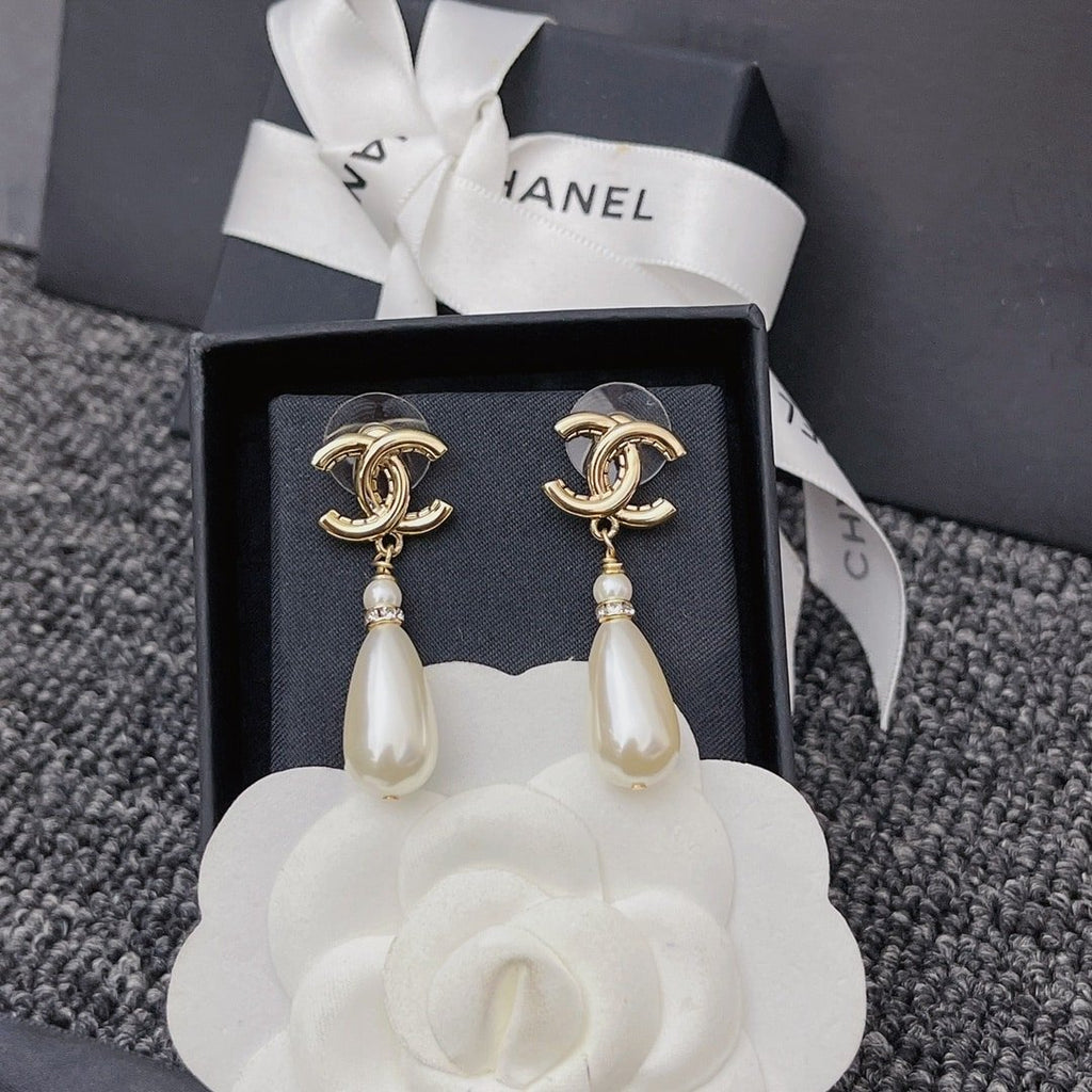 Chanel CC Monogram Pearl Drop Earrings