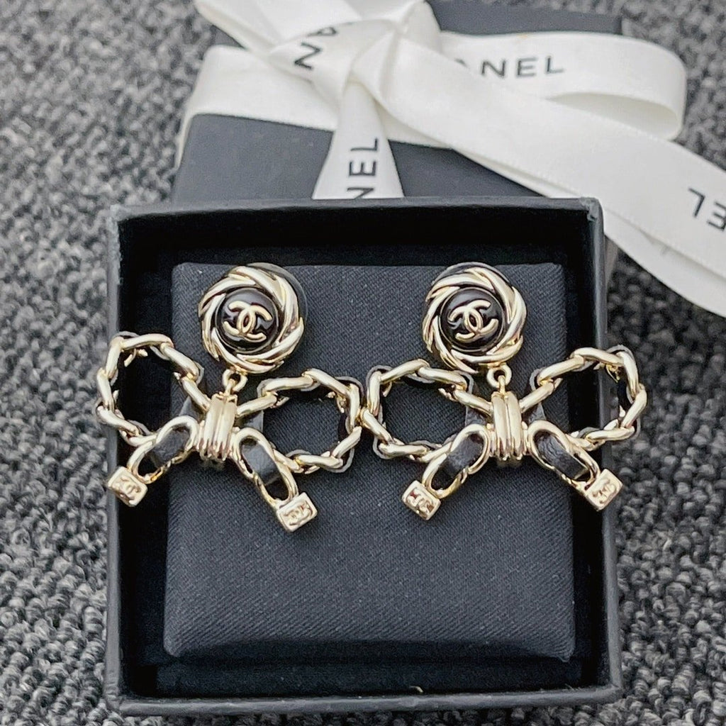 Chanel-Inspired Black Enamel Monogram Rose & Leather Chain Bow Drop Earrings (Gold)