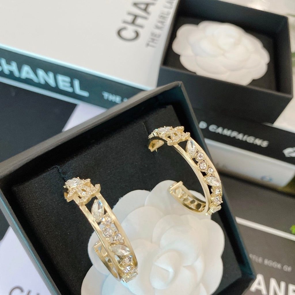 Chanel-Inspired Full Crystal Pavé Gold Large Hoop Earrings