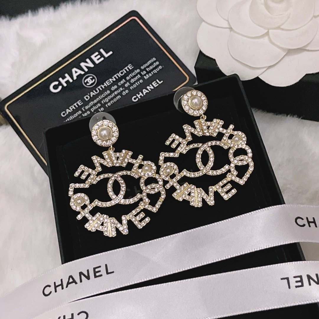 Chanel-Inspired Pearl Caged Monogram Drop Earrings (Gold)