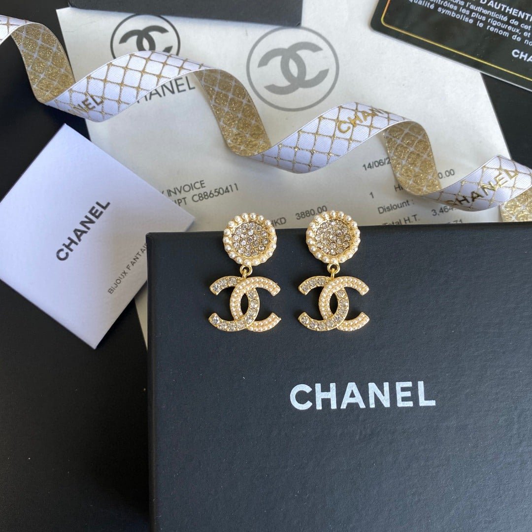 Chanel Crystal Pearl CC Drop Earrings Gold
