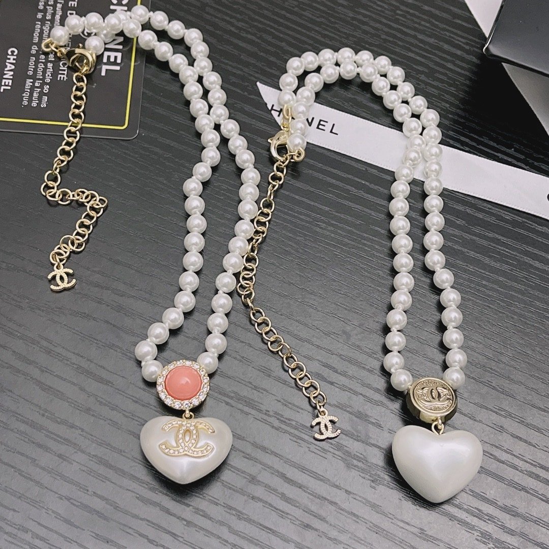 Chanel-Inspired Pearl Strand Necklace with Heart & Pink Crystal Monogram Pendant