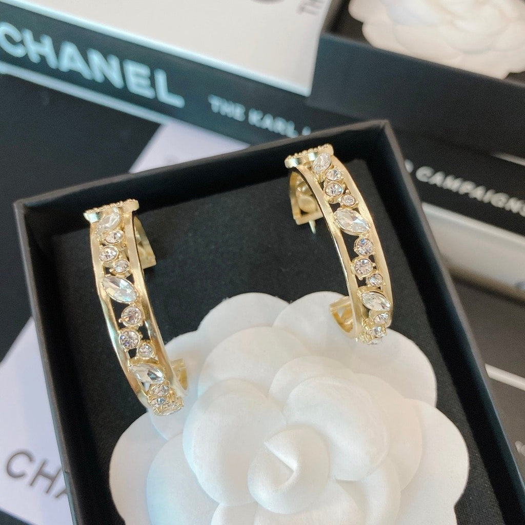 Chanel-Inspired Full Crystal Pavé Gold Large Hoop Earrings