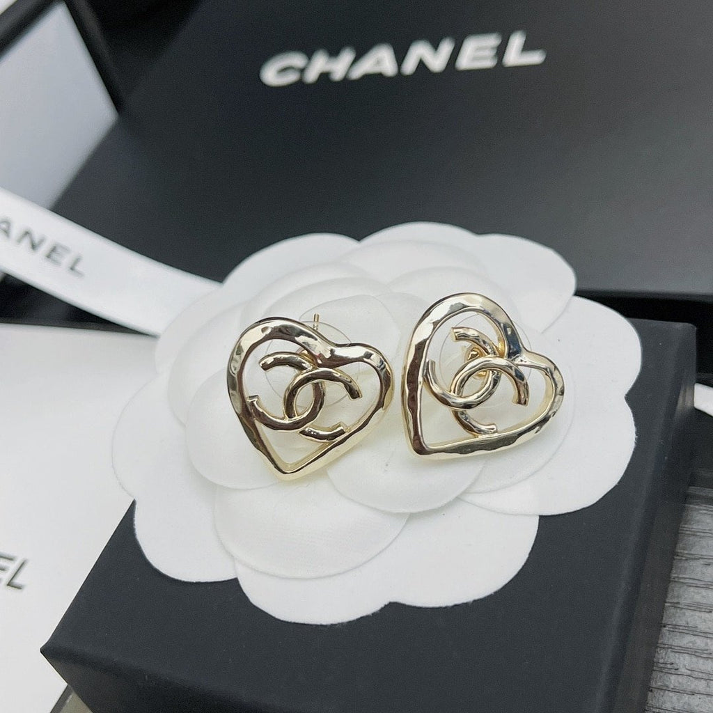 Chanel-Inspired Coco In Love Monogram Open Heart Stud Earrings (Gold)