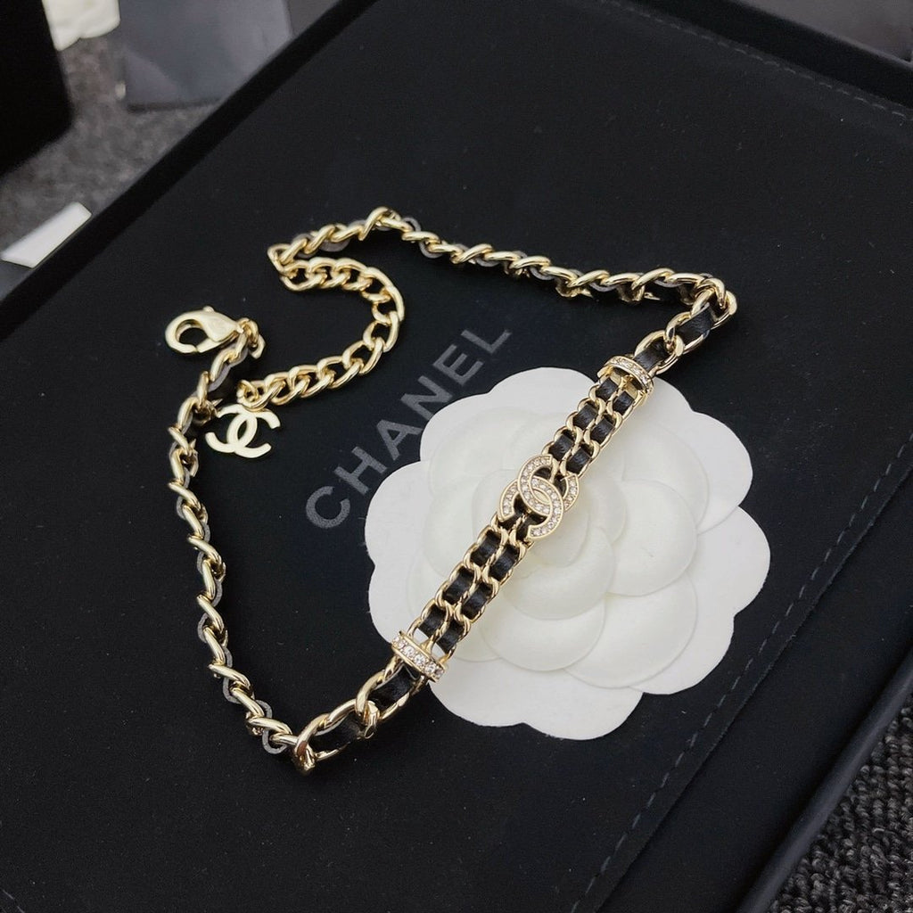 Chanel-Inspired Crystal Monogram Gold Chain & Leather Woven Choker Necklace
