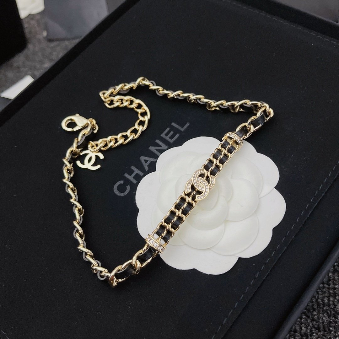 Chanel-Inspired Crystal Monogram Gold Chain & Leather Woven Choker Necklace