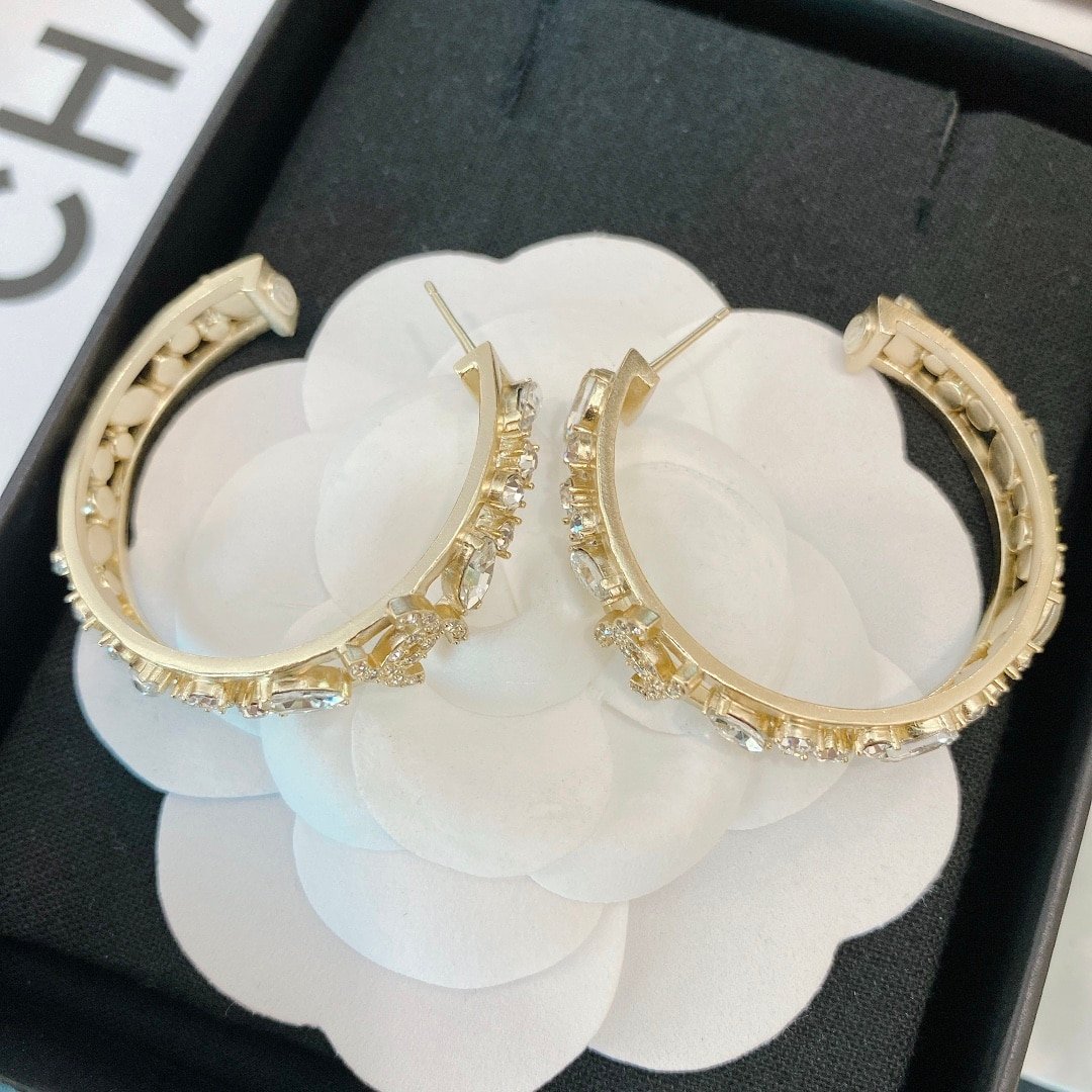 Chanel-Inspired Full Crystal Pavé Gold Large Hoop Earrings