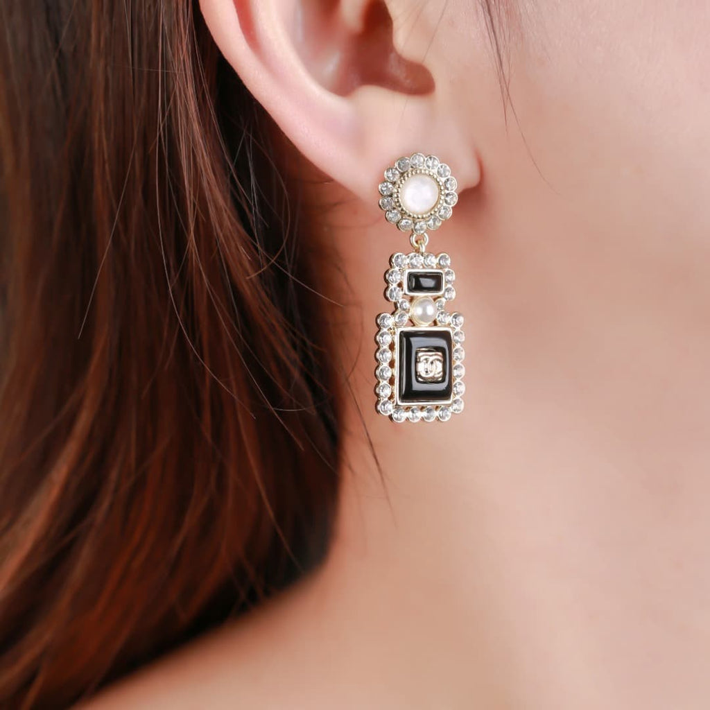 Chanel-Inspired Black Glass & Crystal Perfume Bottle Drop Earrings (Gold)