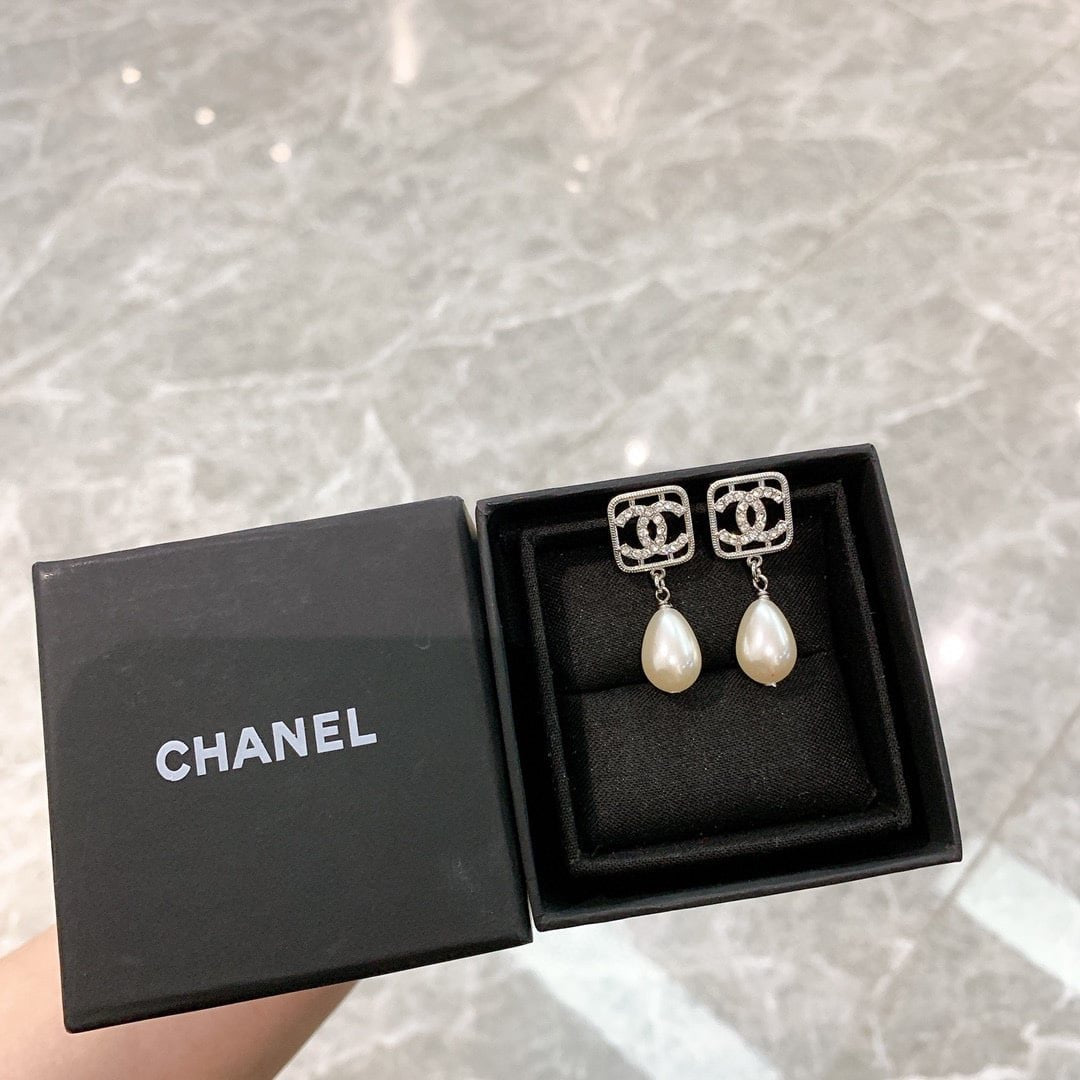 CC Monogram Pearl Drop Earrings