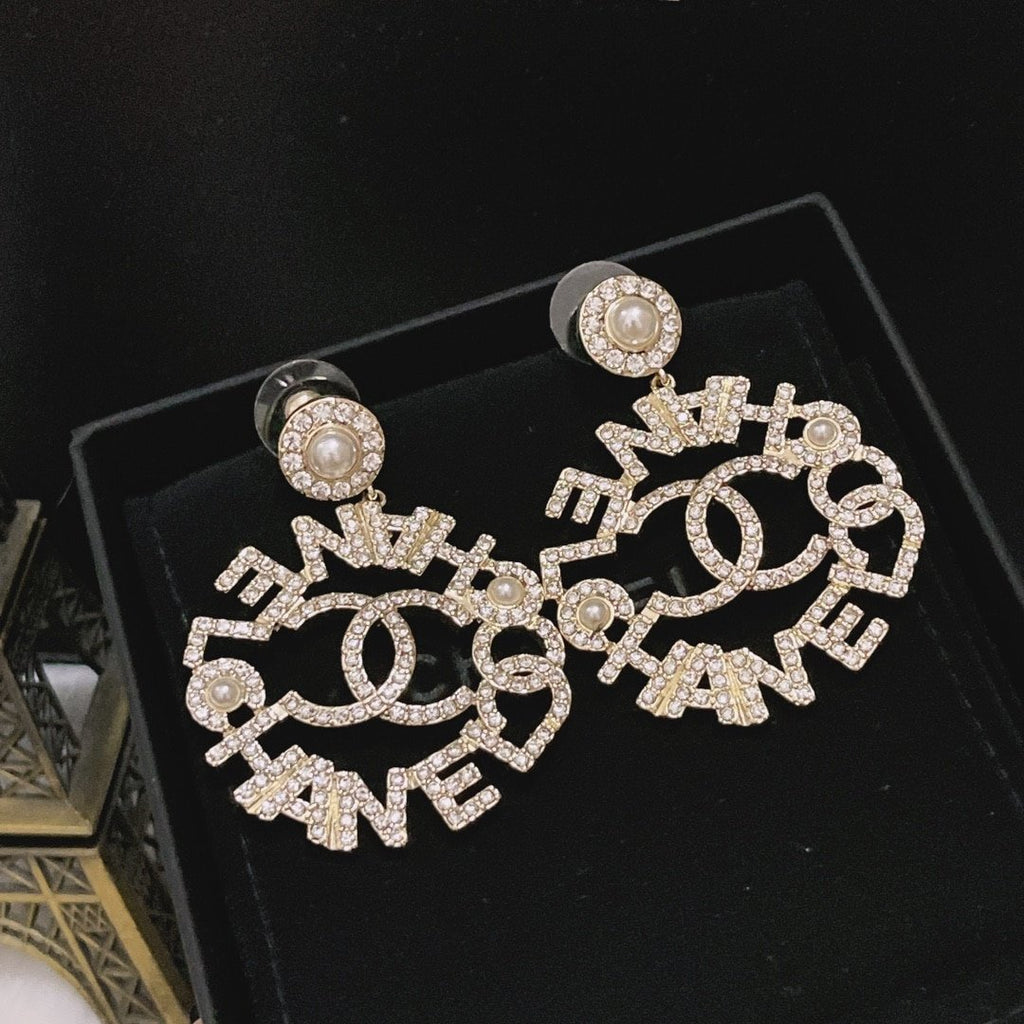 Chanel-Inspired Pearl Caged Monogram Drop Earrings (Gold)
