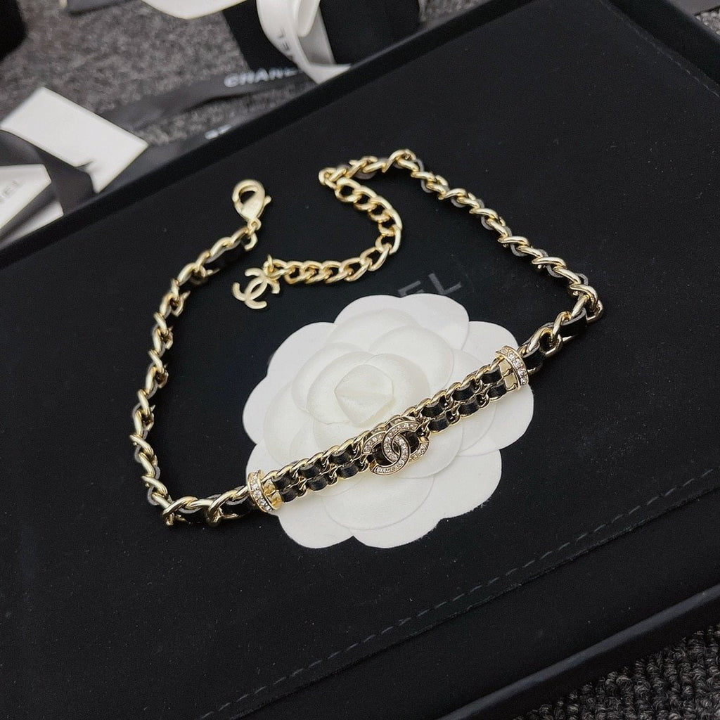 Chanel-Inspired Crystal Monogram Gold Chain & Leather Woven Choker Necklace