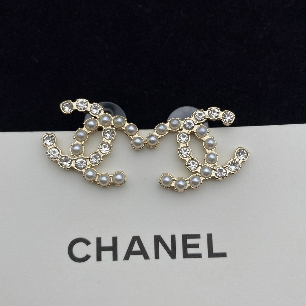 Chanel CC Crystal Pearl Silver Earrings