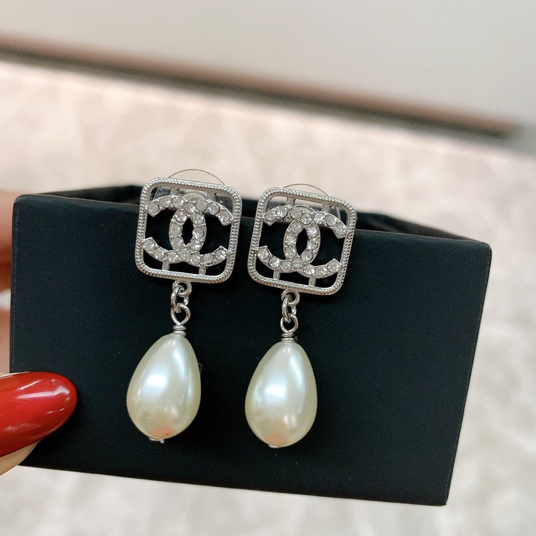 CC Monogram Pearl Drop Earrings