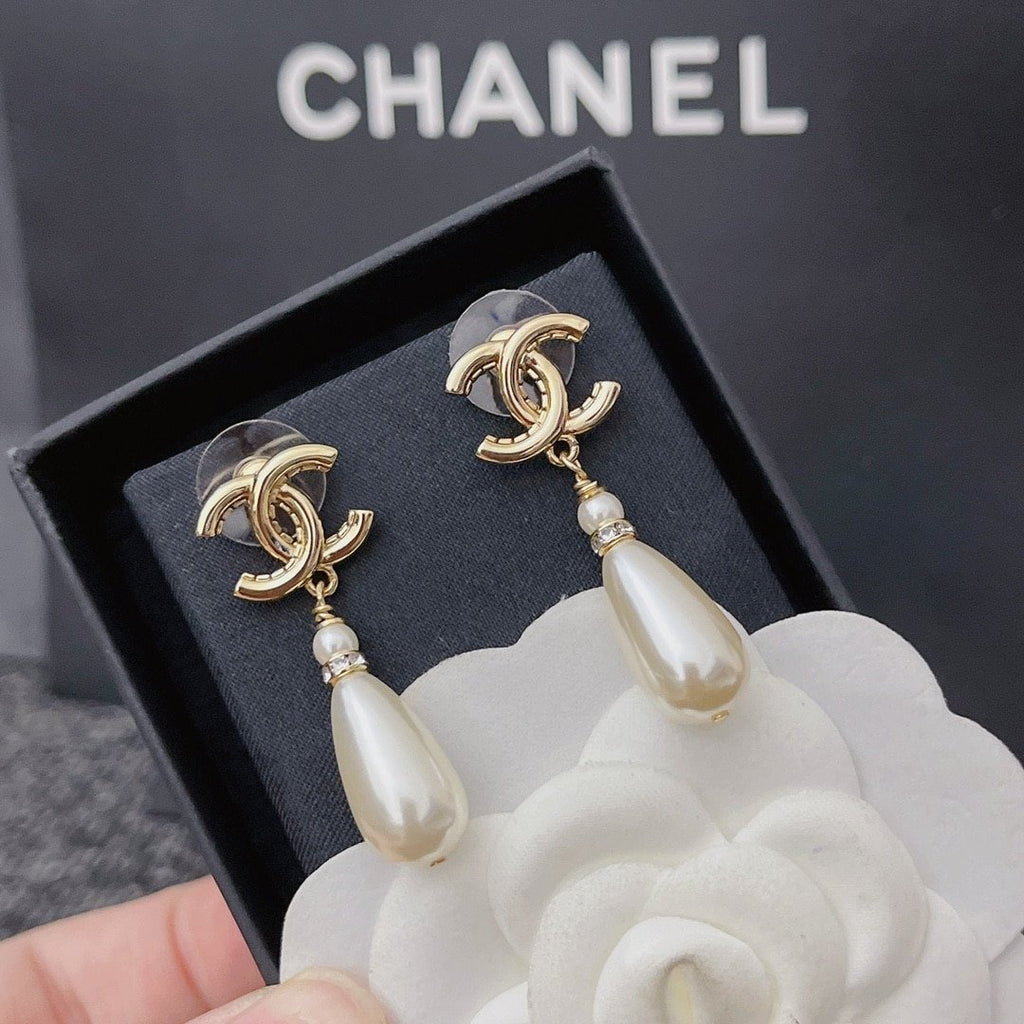 Chanel CC Monogram Pearl Drop Earrings