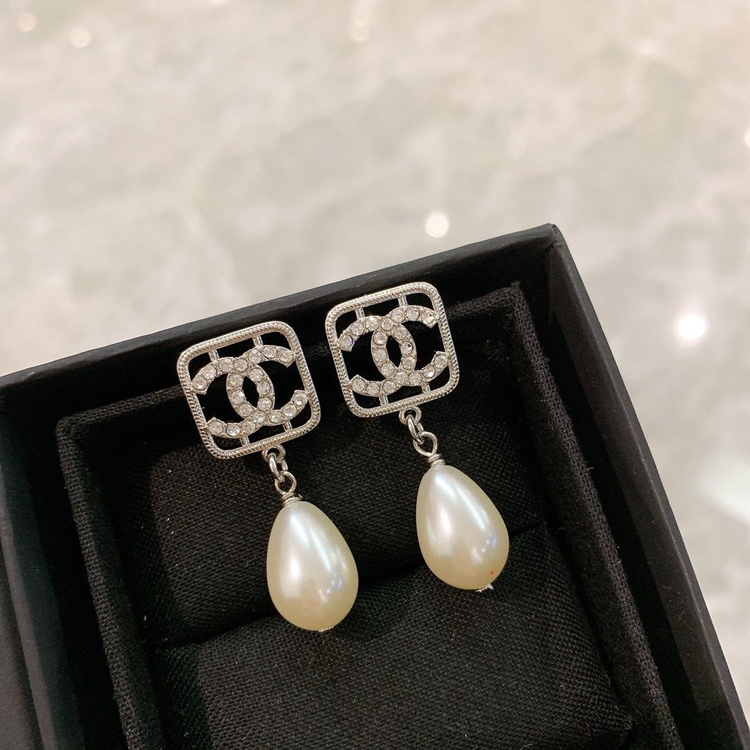 CC Monogram Pearl Drop Earrings