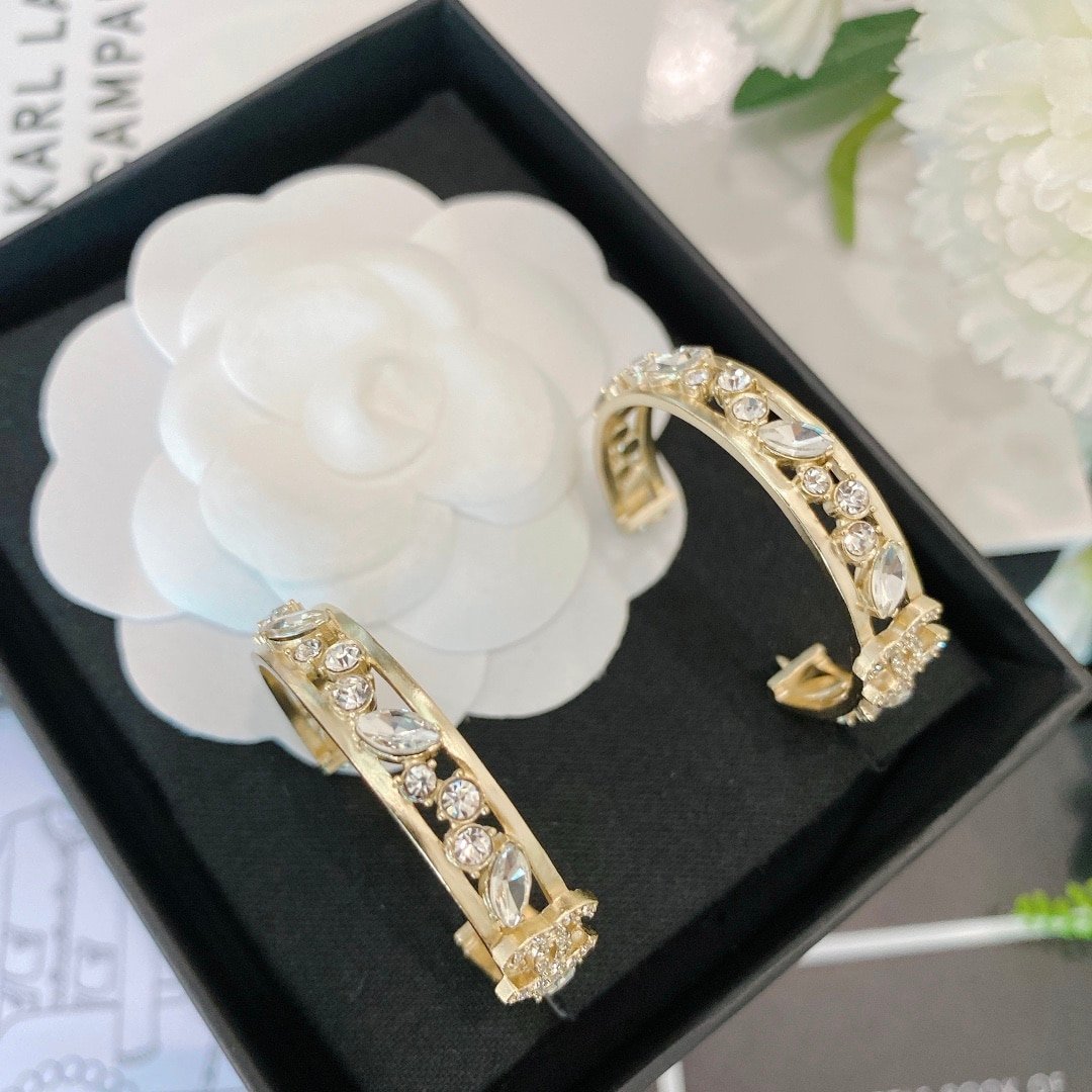 Chanel-Inspired Full Crystal Pavé Gold Large Hoop Earrings