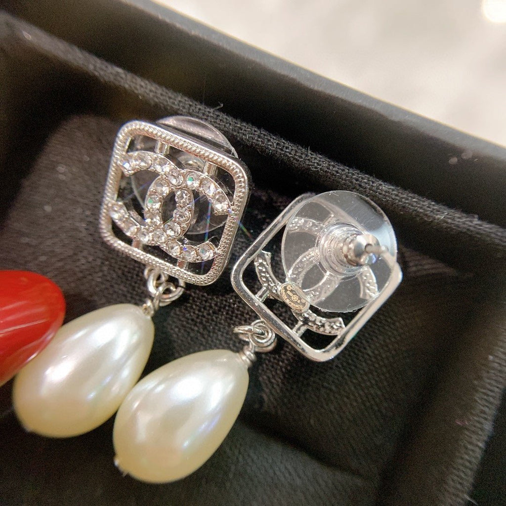 CC Monogram Pearl Drop Earrings