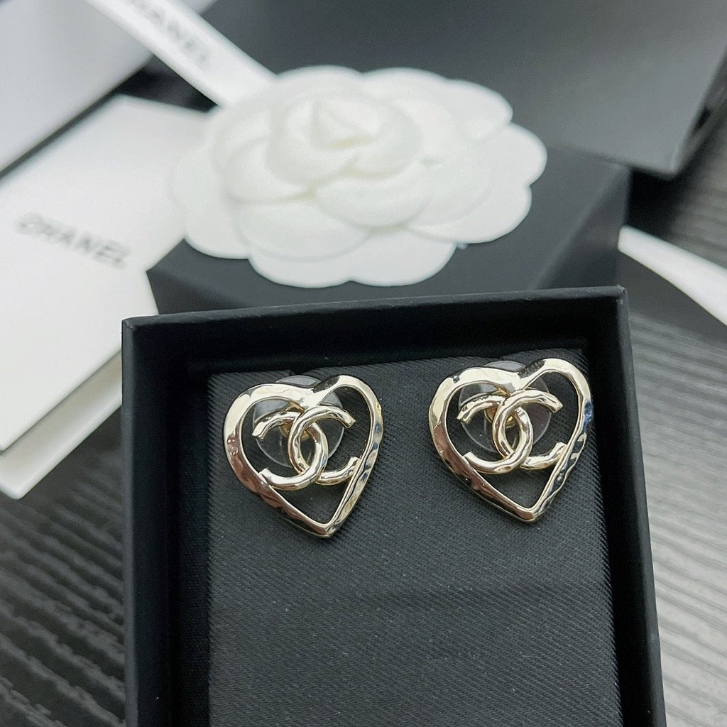 Chanel-Inspired Coco In Love Monogram Open Heart Stud Earrings (Gold)