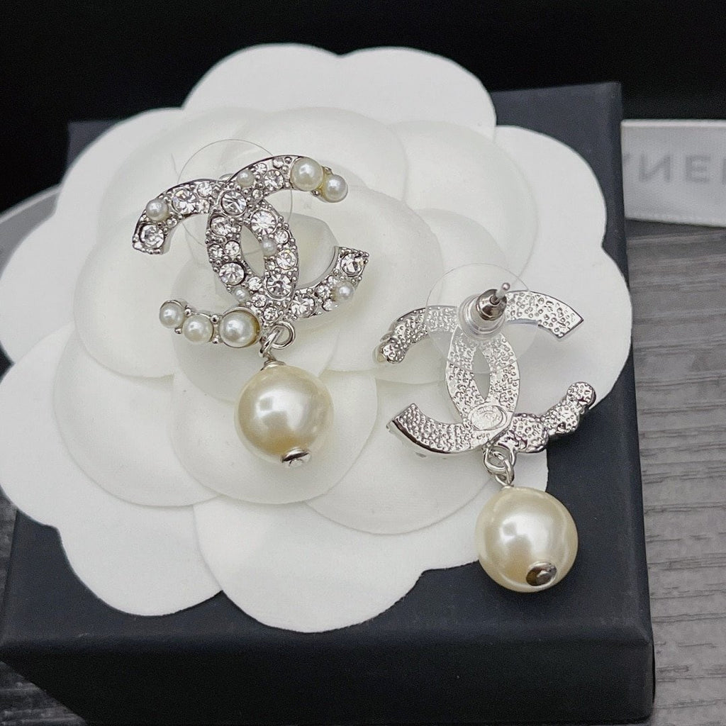 Chanel Silver-Tone Metal CC Pin Brooch with Faux Pearls