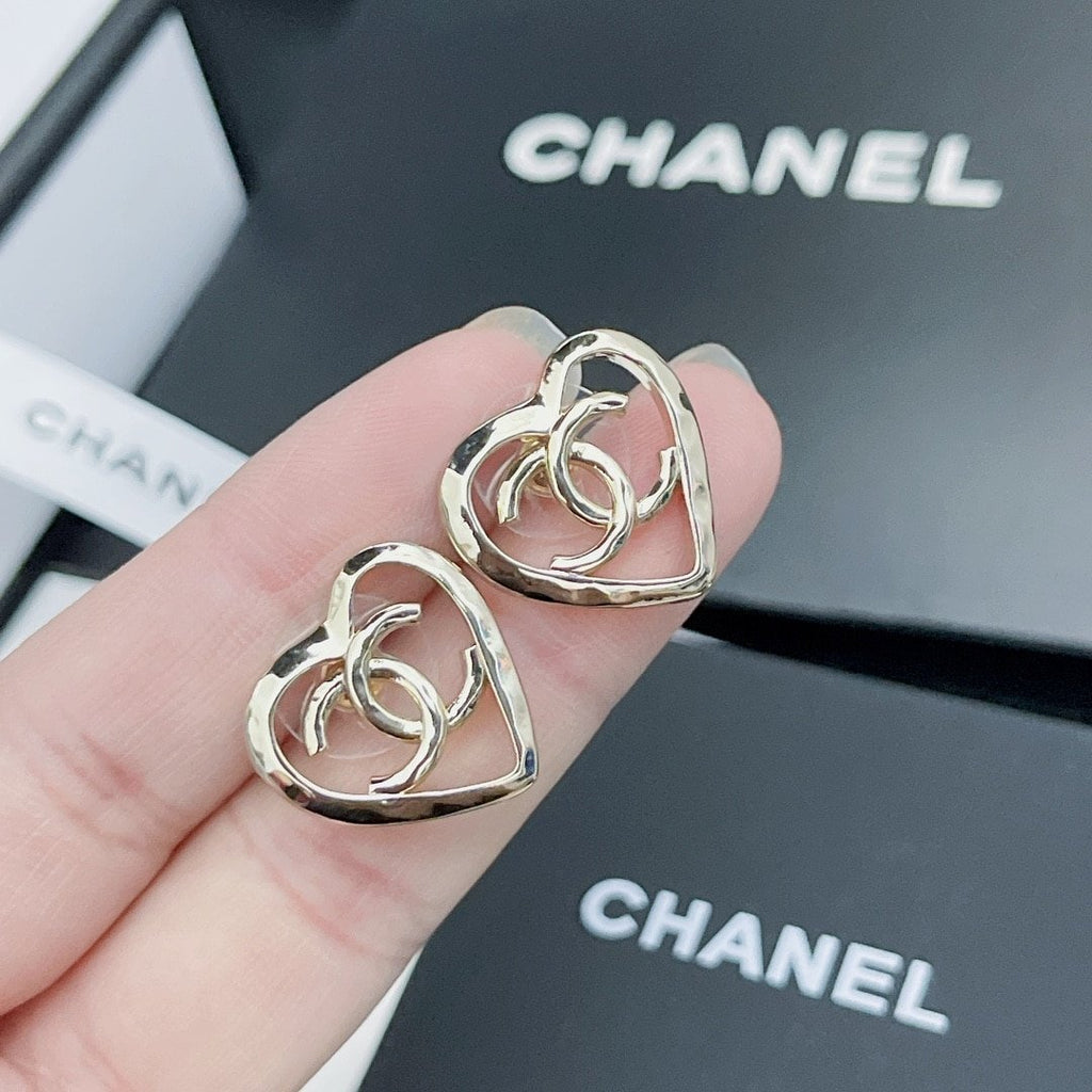 Chanel-Inspired Coco In Love Monogram Open Heart Stud Earrings (Gold)