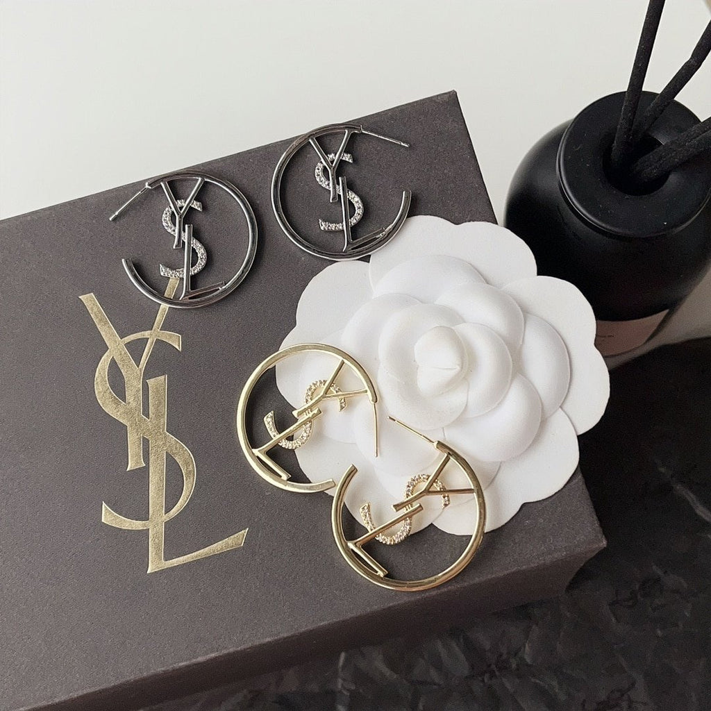 Saint Laurent YSL Hoop Earrings With Crystal Gold