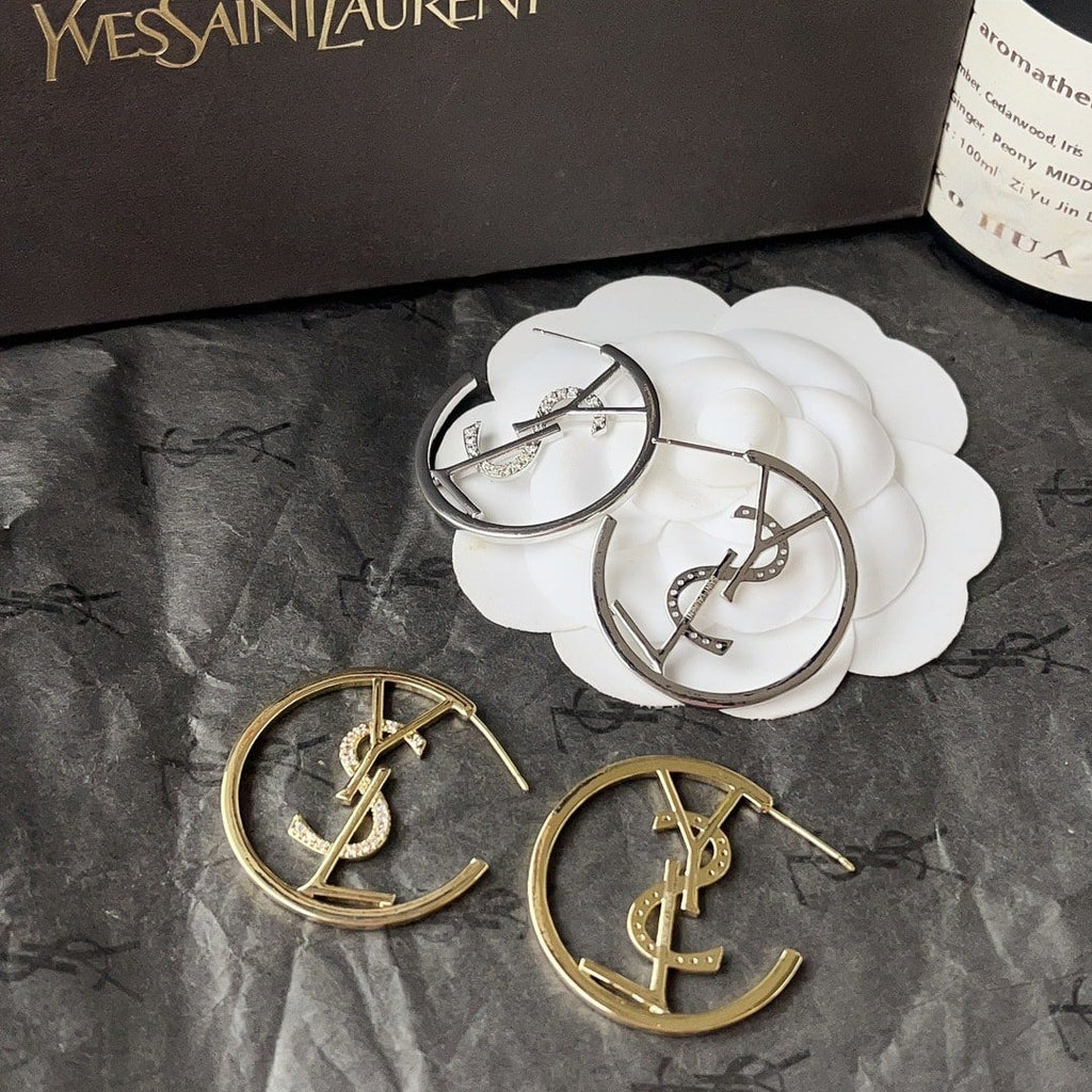 Saint Laurent YSL Hoop Earrings With Crystal Silver Tone