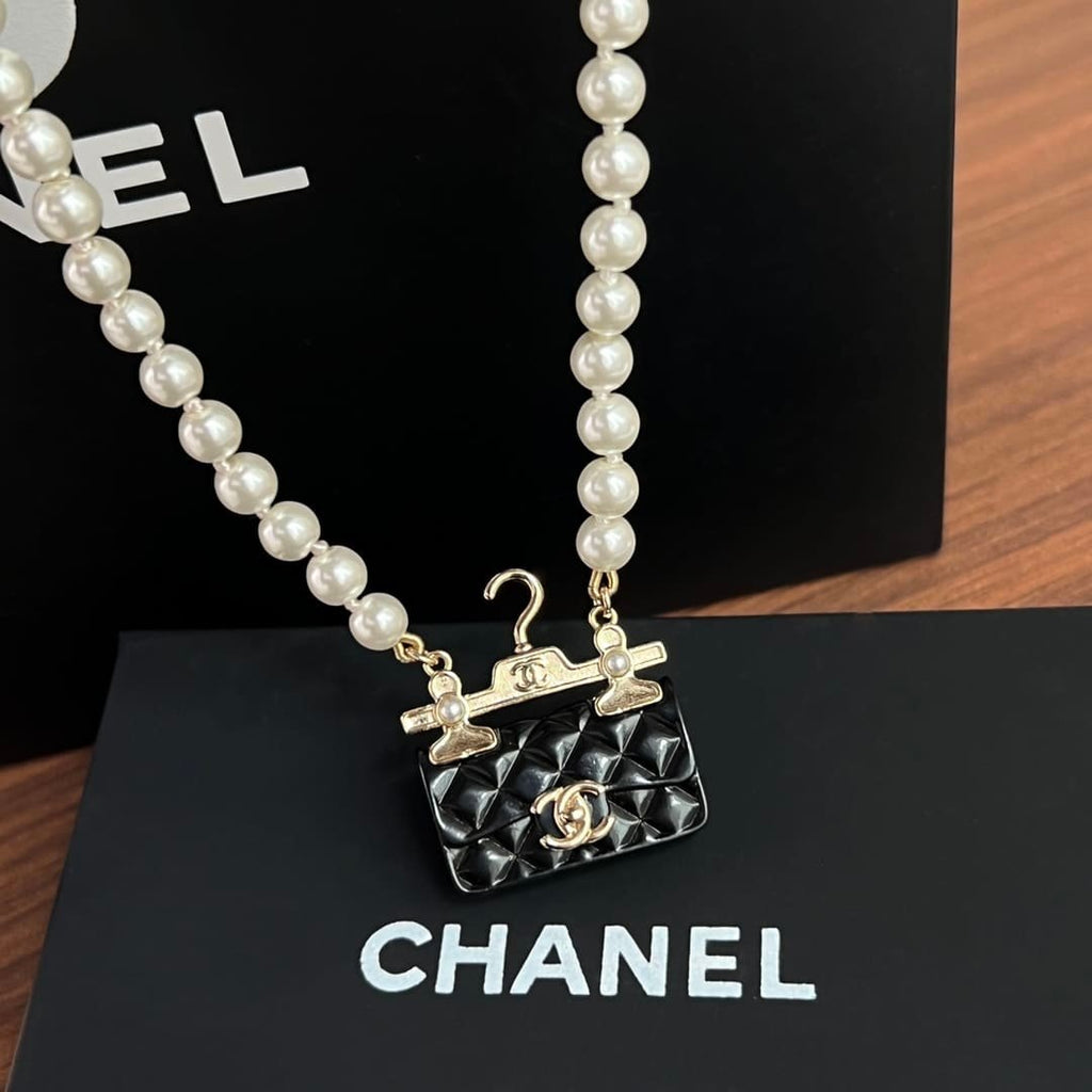 Chanel-Inspired Pearl & Quilted Flap Bag Pendant Necklace (Gold)
