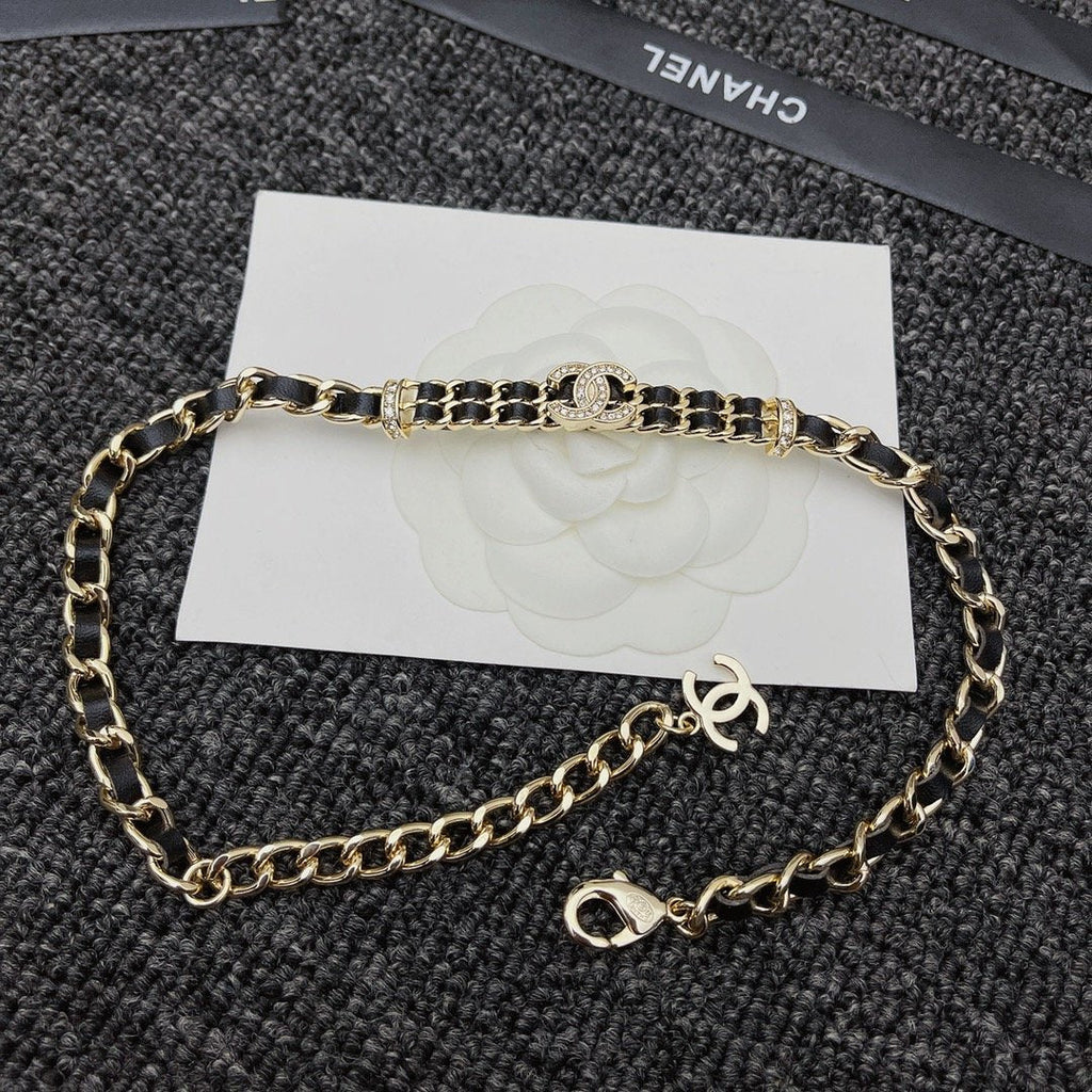 Chanel-Inspired Crystal Monogram Gold Chain & Leather Woven Choker Necklace