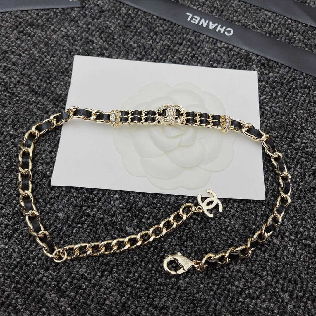 Chanel-Inspired Crystal Monogram Gold Chain & Leather Woven Choker Necklace