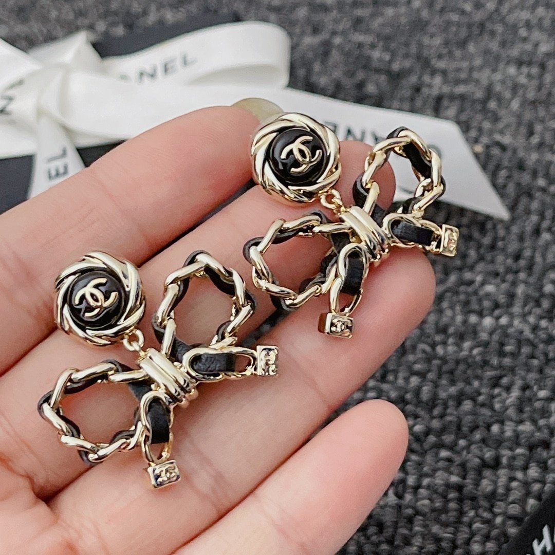 Chanel-Inspired Black Enamel Monogram Rose & Leather Chain Bow Drop Earrings (Gold)