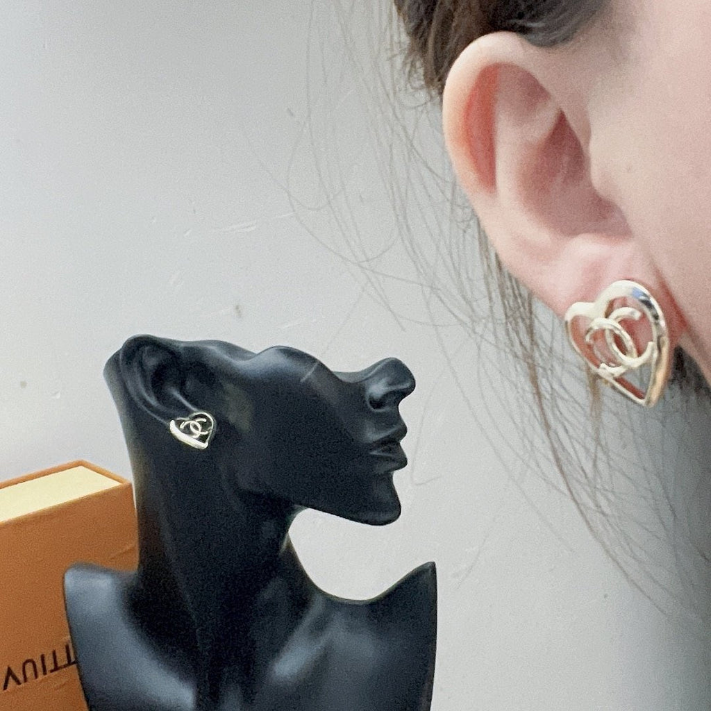 Chanel-Inspired Coco In Love Monogram Open Heart Stud Earrings (Gold)