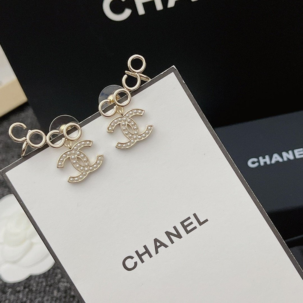 Chanel-Inspired Pearl Monogram Coco Climber Drop Earrings (Gold)