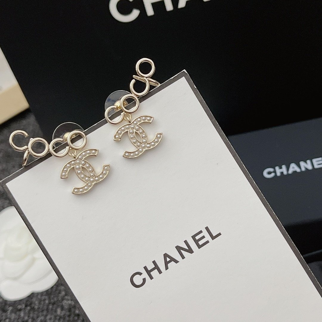Chanel-Inspired Pearl Monogram Coco Climber Drop Earrings (Gold)