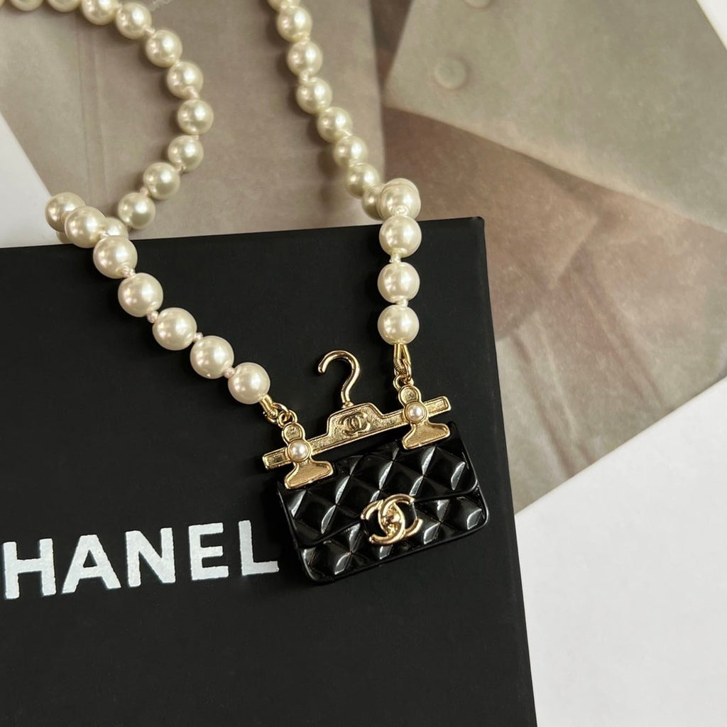 Chanel-Inspired Pearl & Quilted Flap Bag Pendant Necklace (Gold)
