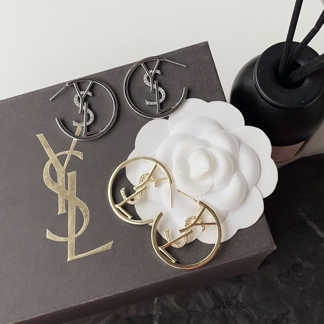 Saint Laurent YSL Hoop Earrings With Crystal Silver Tone