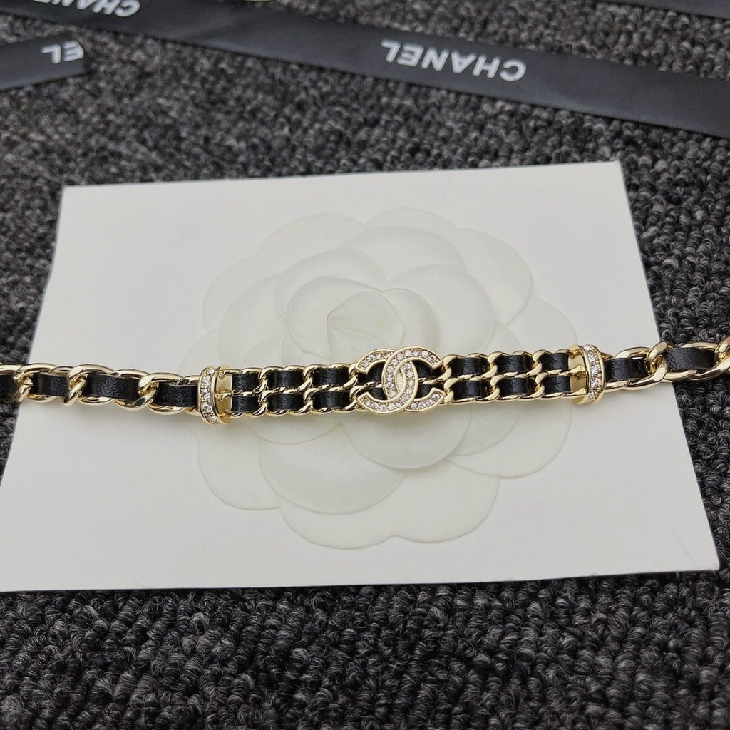 Chanel-Inspired Crystal Monogram Gold Chain & Leather Woven Choker Necklace