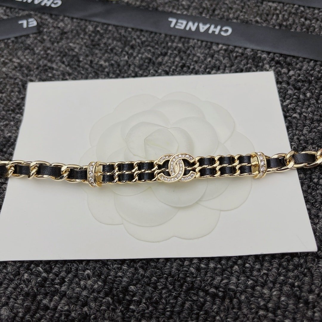 Chanel-Inspired Crystal Monogram Gold Chain & Leather Woven Choker Necklace