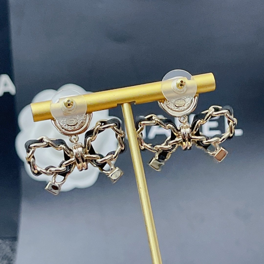 Chanel-Inspired Black Enamel Monogram Rose & Leather Chain Bow Drop Earrings (Gold)